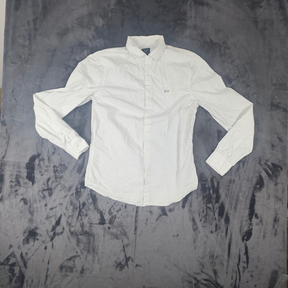 Armani Exchange Button Down Shirt Mens S White Polka Dot Slim Fit Long Sleeve